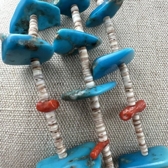 Vintage Navajo Necklace Earrings SET Turquoise Coral Nuggets & Shells 3 Strands - Picture 5 of 11